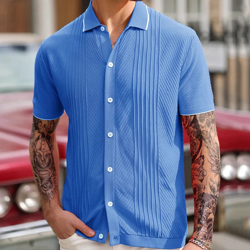 Summer Mens y Knitted Solid Color Shirt Fashion Short Sleeve Buttondown Shirts for Men Vintage Business Leisure Knitwear 250520