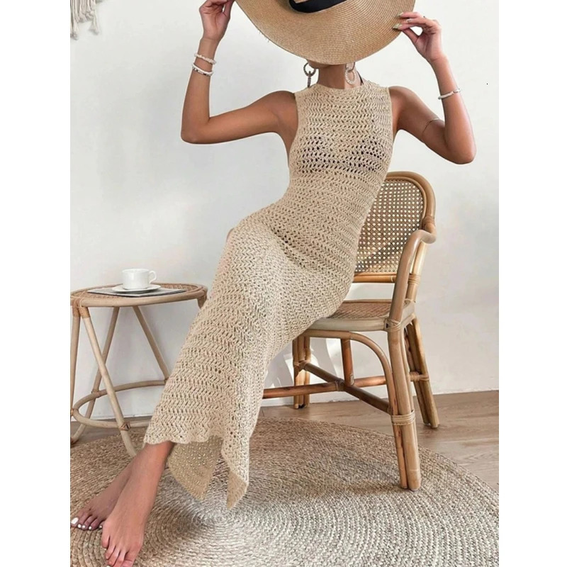 Womens Beach Style ONeck Knit Hollow out Long Dress Summer Female Casual Sleeveless Bikini Coverup Blouse 250520