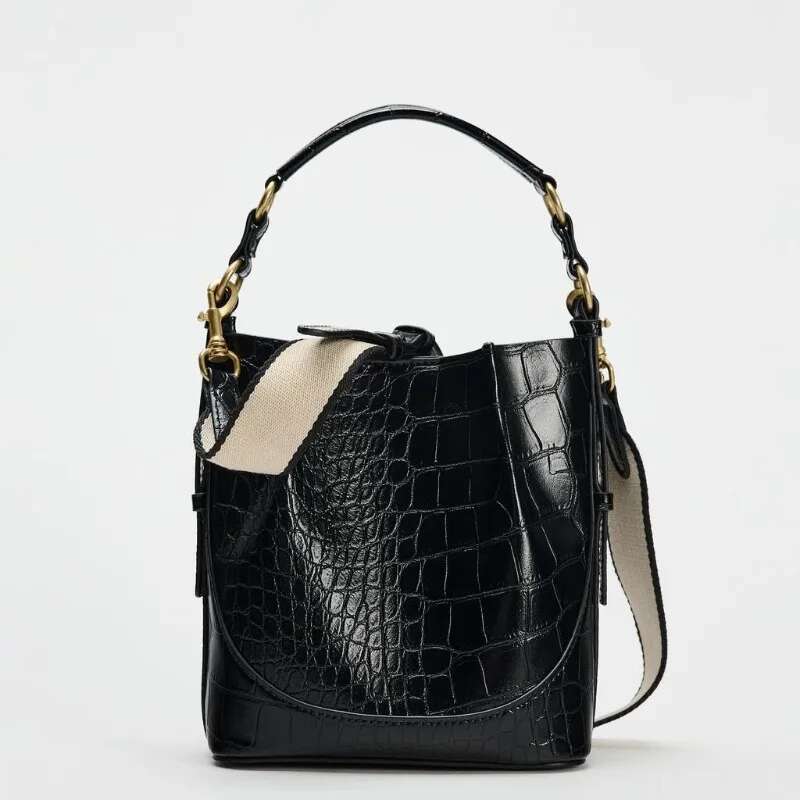 Crocodile Black Animal Pattern Printed Shoulder Bag, Crossbody Handbag, Bucket Bag