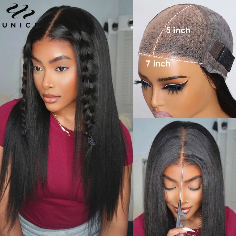 UNICE Yaki Straight 7x5 Closure Glueless Wigs Human Hair Ready To Wear Cut Bleached Pre Plucked Lace Wig