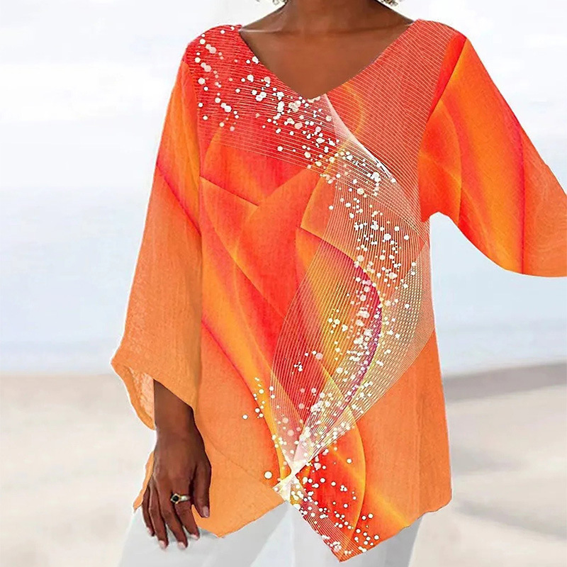 2025 New Designer Clothing Plus Size Women's T-shirt Casual Loose Print Long Sleeved V-neck Top Casual Trendy T-shirt