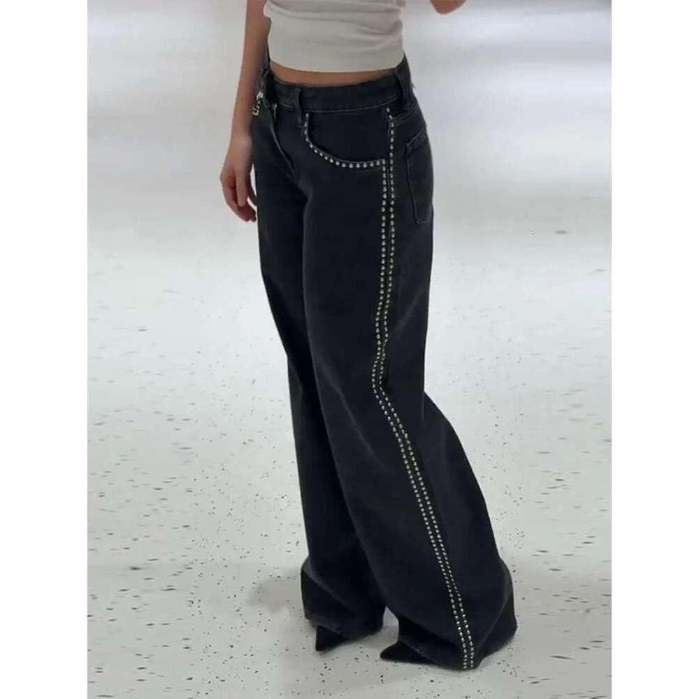Punk Pant Edge Rivet Women's Jeans Black Denim Loose Straight Mopping Pants Female 2025 Fashion New All-match Lady Trousers