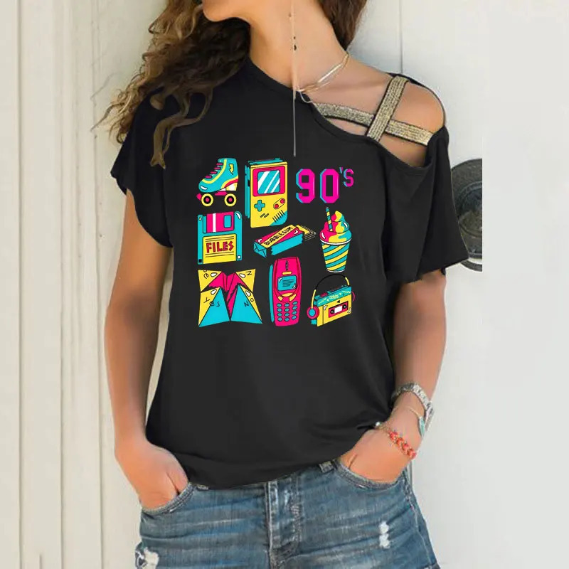 Fashion Womens t shirt Sexy Off Shoulder Short Sleeve 90s Retro Feeling Graphics Prin Irregular Skew Cross Bandage Tops Tees 250517