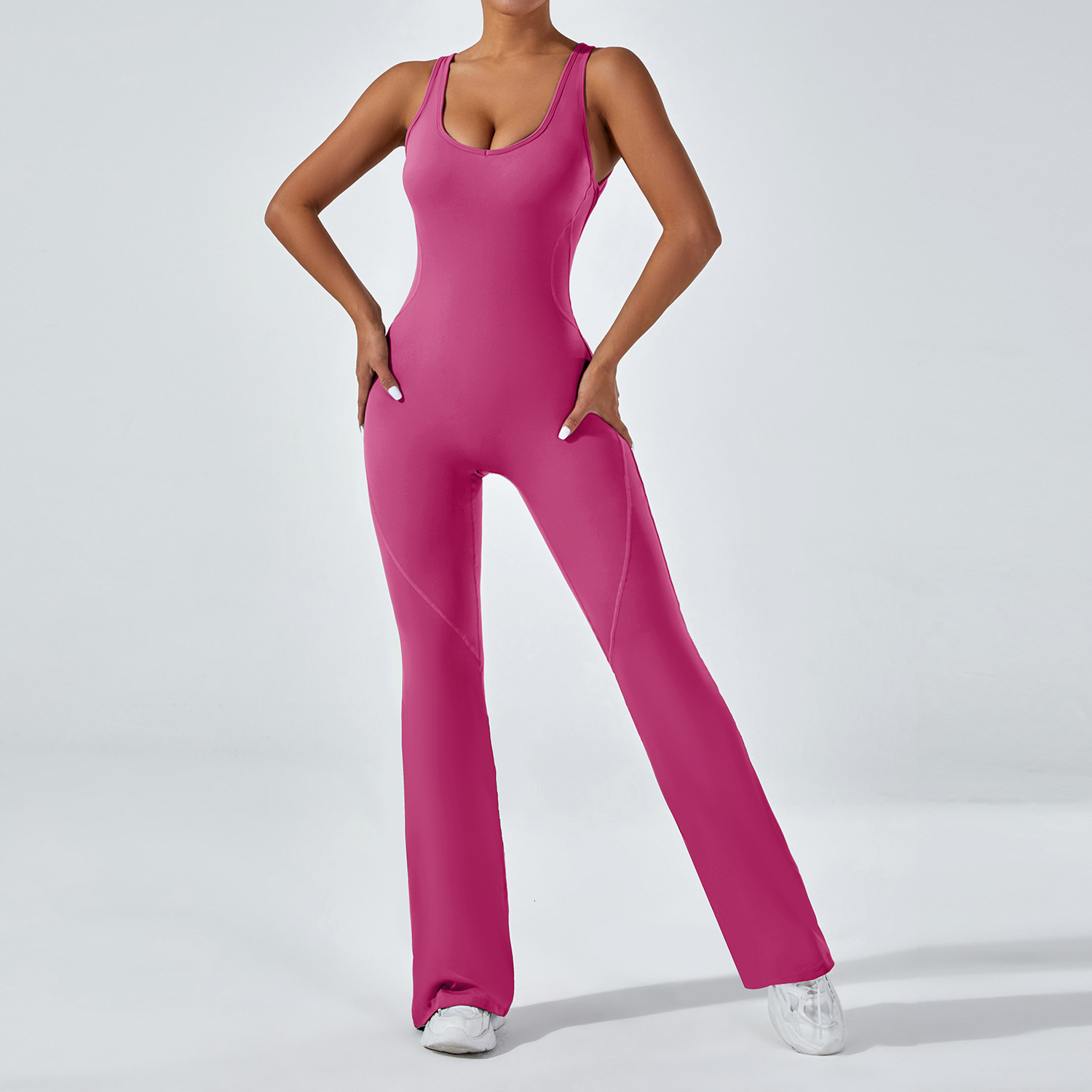 Tight backless one-piece yoga hip lifting exercise and fitness suit, wide leg pants, belly cinching micro flared jumpsuit