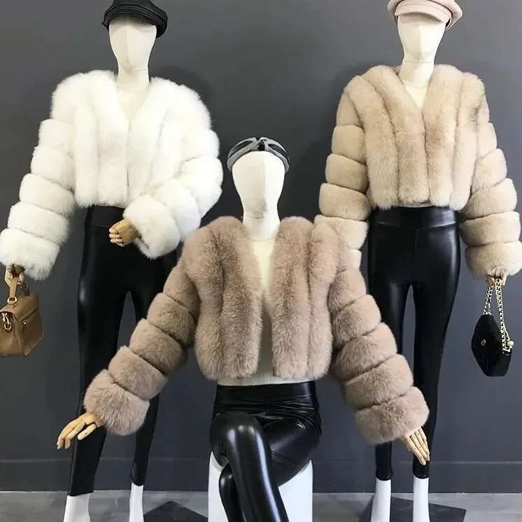 Open Women Faux Fur Coats Thick Warm Fox Short Coat Turn Down Collar Solid Full Sleeve Elegant Splice Autumn Winter Designer