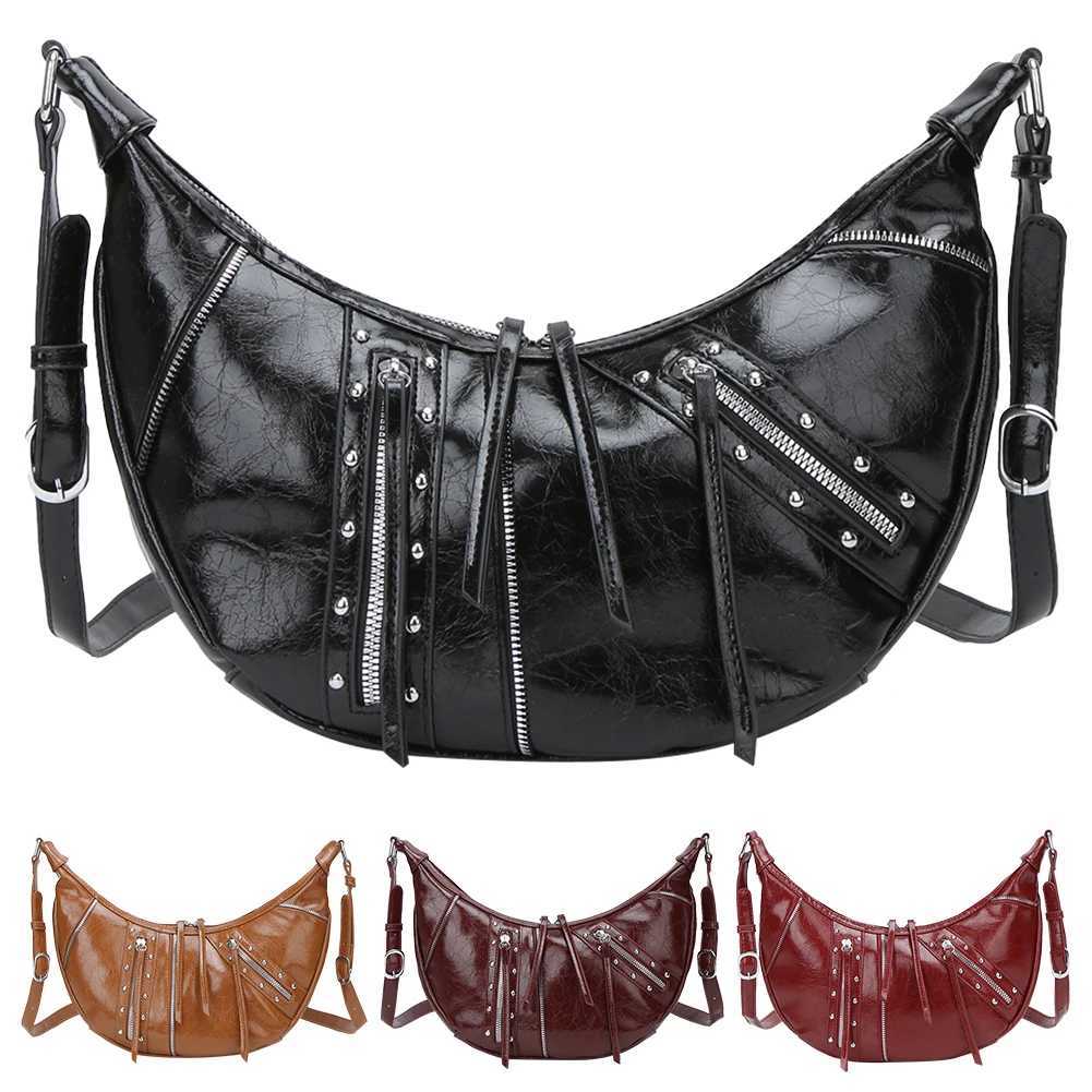 Women PU Leather Crossbody Bag Y2K Punk Crescent Bag with Inner Pocket Hobo Bag with Zipper for Work Travel M250520