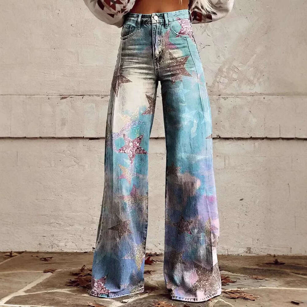 2025 Trendy High-Waisted Wide-Leg Jeans for Women - Printed Stretch Casual Style