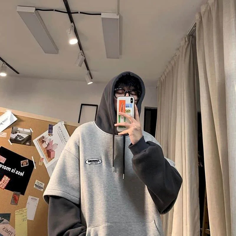 Hoodies men fake two-piece sweatshirt autumn stitching Korean loose contrast color hooded long-sleeved black white gray 250520