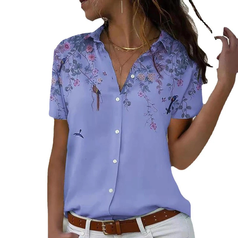 Summer Short Sleeve Women Shirt 2025 Printed Office Fashion Lapel Casual Simple Blouse Elegant Loose Blusas Mujer Tops 250514