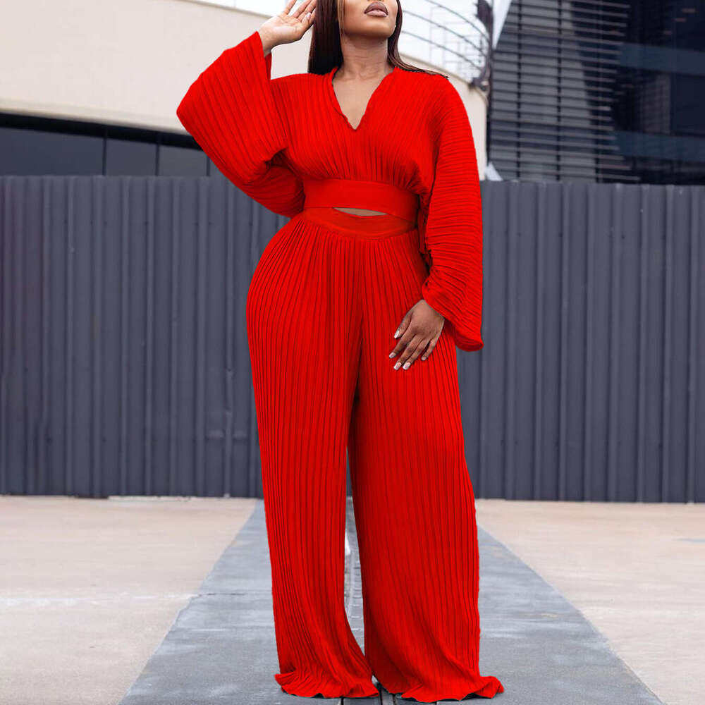 Women's Wear D3271 Women's New Spring Loose Pleated V-Neck Top Wide Leg Pants Two-Piece Set