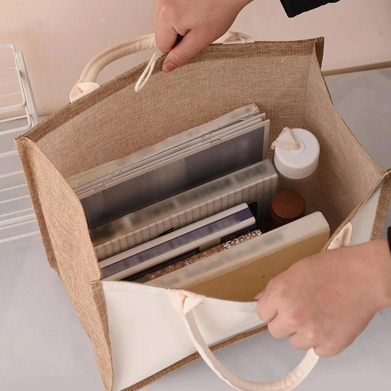 Large Capacity Ladies Tote Bag Letter Printing Faux Linen Button Handbag Portable Travel Storage Travel Bag 250516