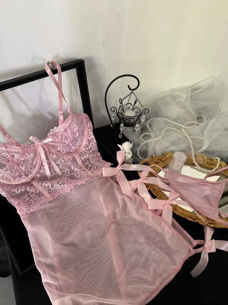 Sexy Lingerie Set Women Lace Hollow Out Spliced sexy See-through Underwear Thong Thin Pajamas Bow-pack Hip Night Dress R250520