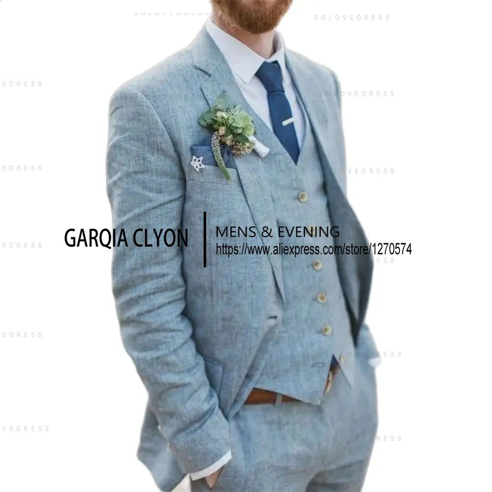 3 Piece Mens Retro Linen Men Suit Beach Wedding Suit Summer Slim Fit Linen Suit Groomsmen For Wedding Blazer Vest Pants 250519