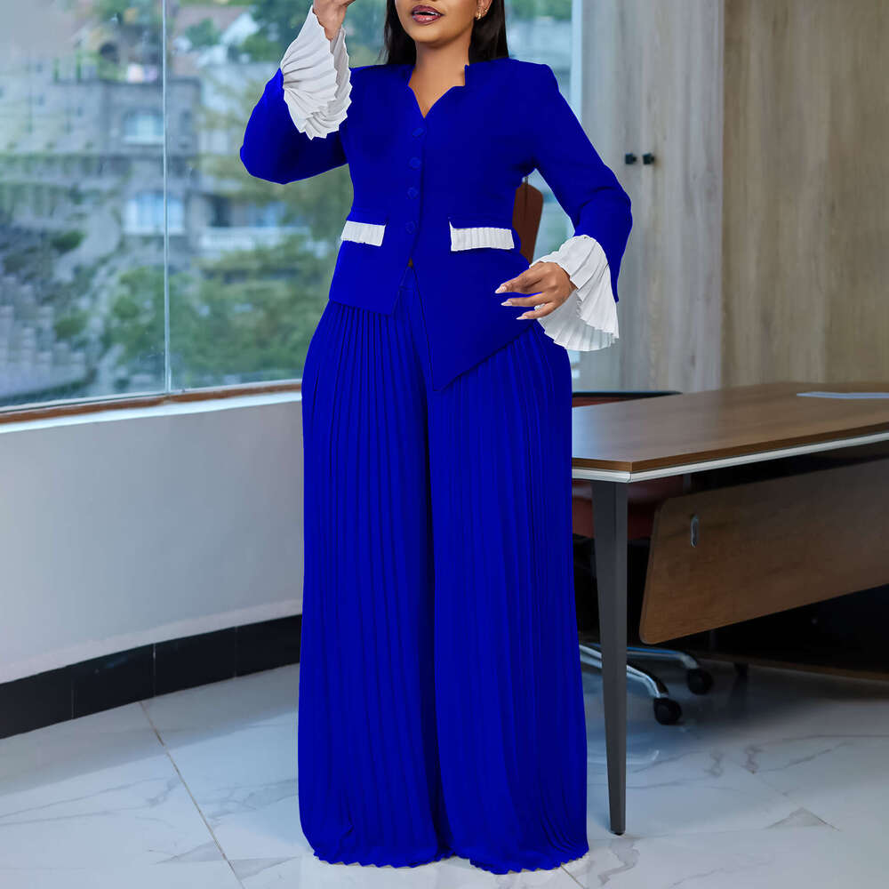 Women's Wear D3328 Plus Size Fashionable Women's Flared Sleeve Top, Pleated Wide Leg Pants Set, Color Blocked Two-Piece Set