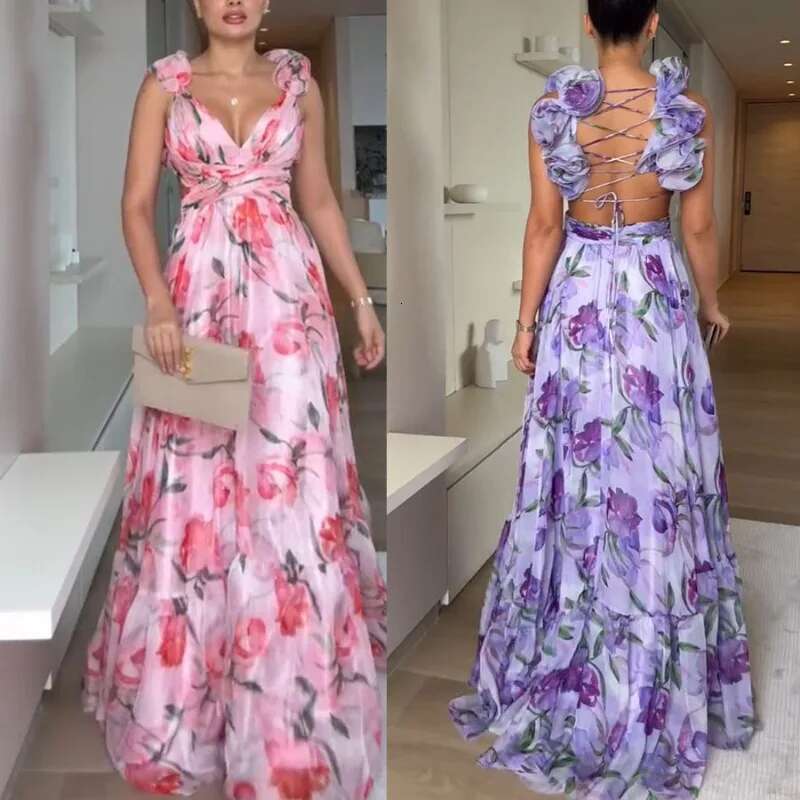 Comfortable Casual Vacation Pressed Pleated Chiffon Women's Summer 2025 New Ruffle Print Sleeveless Slip Dress Long Skirts