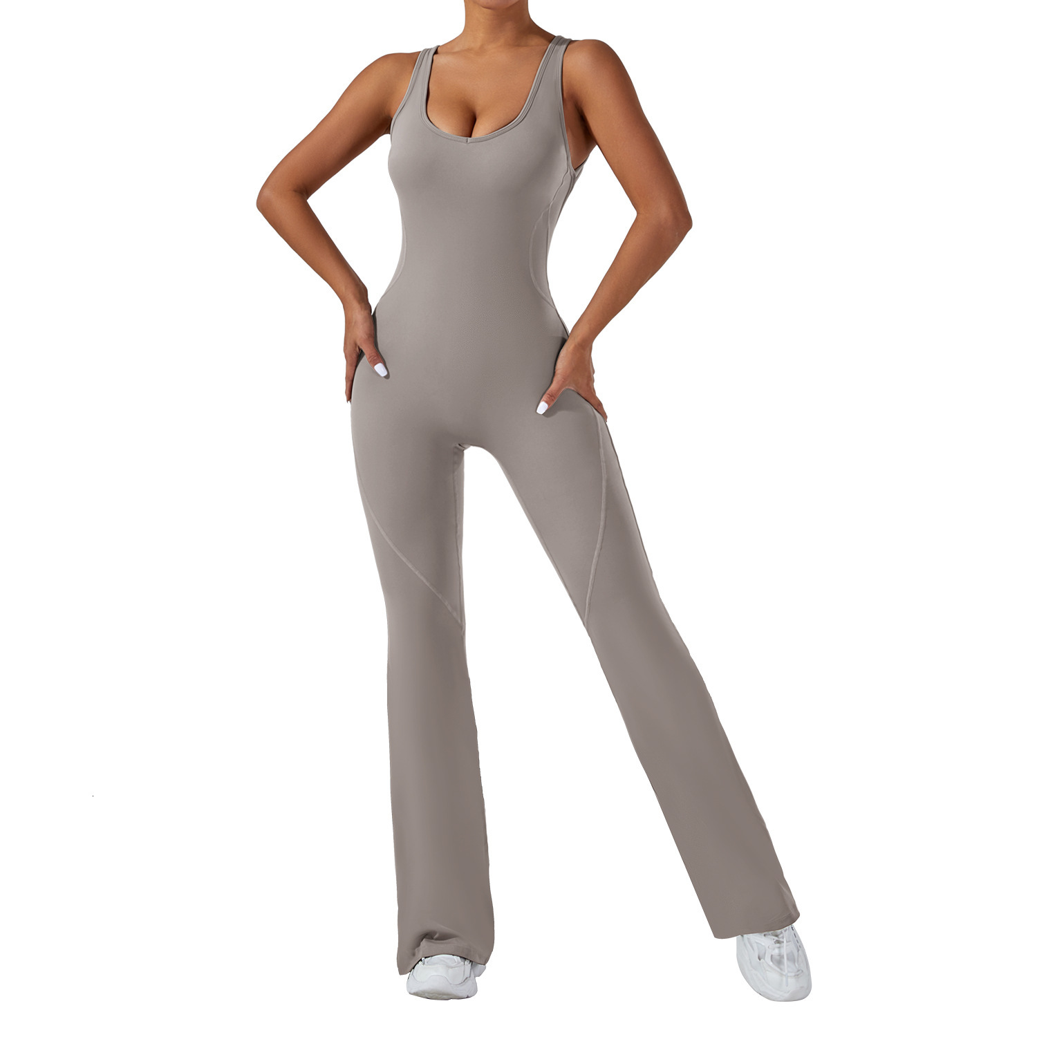 Tight backless one-piece yoga hip lifting exercise and fitness suit, wide leg pants, belly cinching micro flared jumpsuit