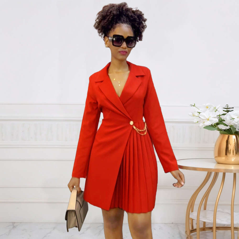 Women's Wear D3301 Autumn And Winter New Sexy Waist Cinching Pleated Suit Collar Dress