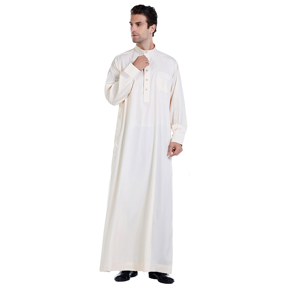 High quality new item free delivery men's standing collar solid color button Muslim long shirt large ethnic 2025 new item