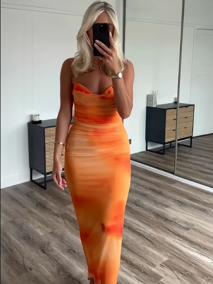 PB ZA Spring Womens Fashionable and Stylish Style Slim Fit Folded Printed Silk Mesh Sling Dress 250520