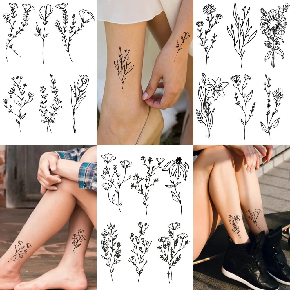 Tiny black flower branch temporary tattoo realistic wild flower small fake tattoo adult wild plant tattoo sticker 250515