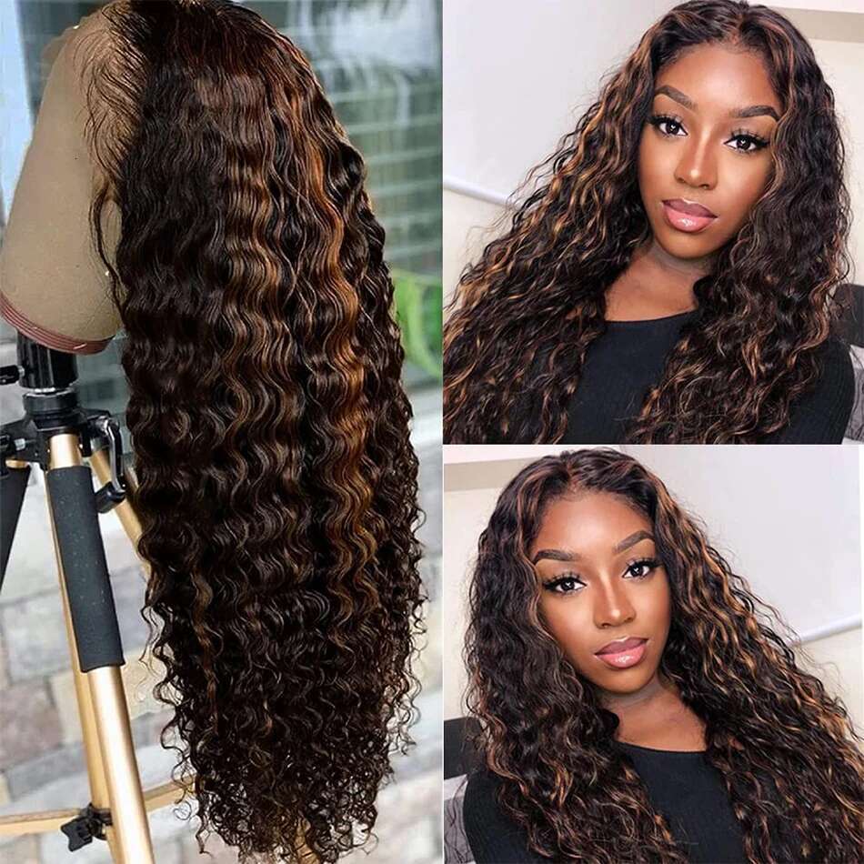 Ombre Highlight Deep Wave Front Wigs Human Hair 1B/30 Colored Water Curly 13x4 Lace Frontal Wig Pre Plucked for Women