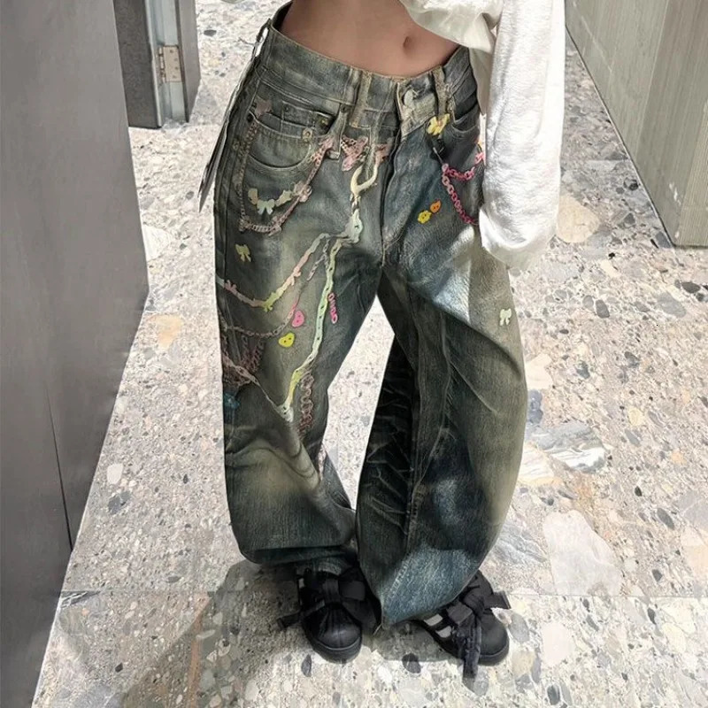 Korean Trendy Harajuku Streetwear Y2K Candy Chain 3D Printed Baggy Jeans Women Hip-hop Retro Punk Straight Wide-leg Pants 250520