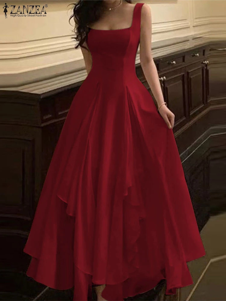 ZANZEA Women Elegant Party Dress Summer Sleeveless Square Collar Sexy Ruffled Maxi Sundress Casual Solid Long Vestidos Robe 250520