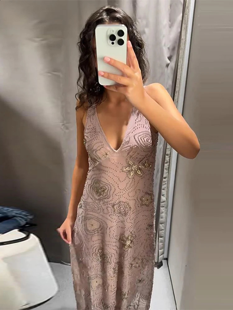 Bead Embroidery Sequin Ruffle Women Dress Sleeveless Backless Strap Sexy Evening Dresses 2025 Summer Party Holiday Street Robe 250519