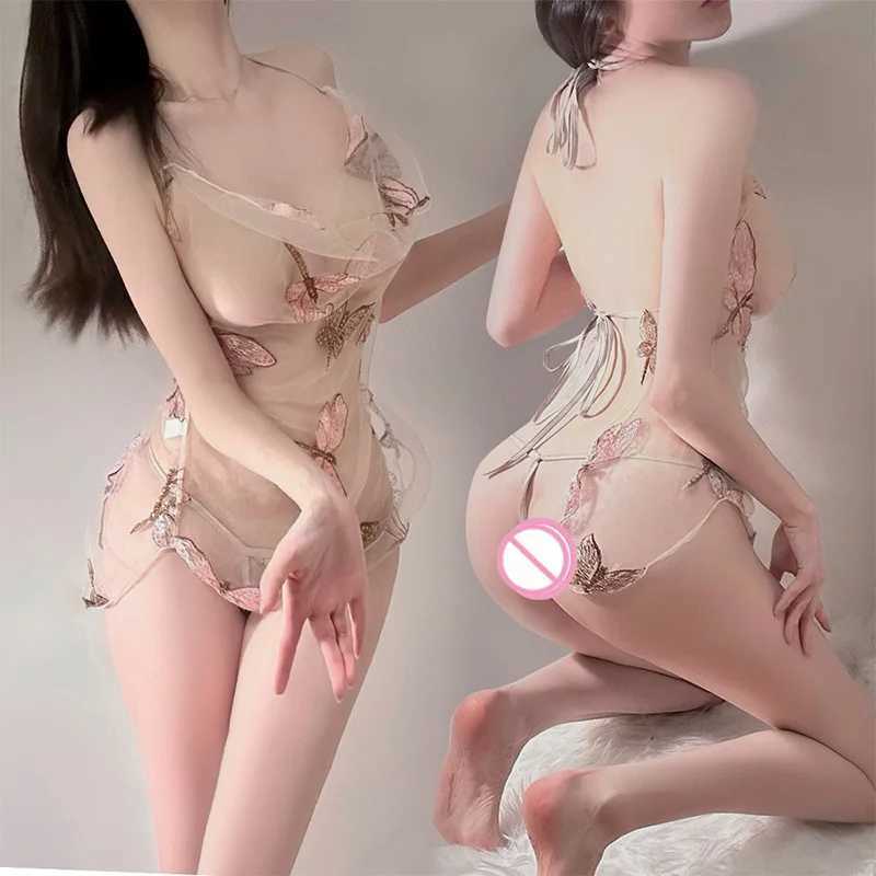 Sexy lingerie Perspective Neck Hanging Temptation Lace Dragonfly Embroidery Short Skirt lingerie to catch costume R250520