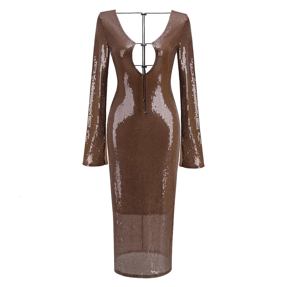 Elegant Deep V Sequin Long Sleeve Party Dress for Women Backless Lace Up Midi Dress Ankle Length Evening Dress Formal Gown Wear 250517