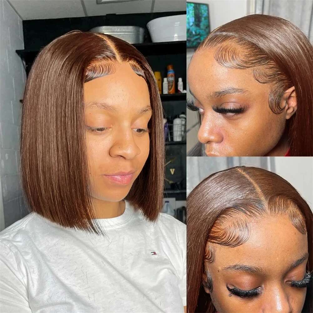 Vieamese Straight 100% Human Hair Chocolate Brown Color 13x4 Full Lace Frontal Double Drawn Bob Wig with For Black Women
