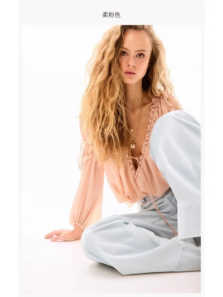 TRAF Womens Off Shoulder Chiffon Summer V NeckTop Casual Loose Tierred Blouse Female Shirts Blouses 250520