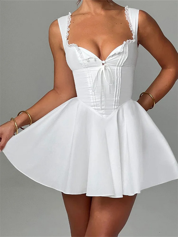 CHRONSTYLE Elegant Women Short Mini A-Line Dress Deep V Neck Backless Ruffles Hem Sleeveless Dress for Party Club Vestidos 250519