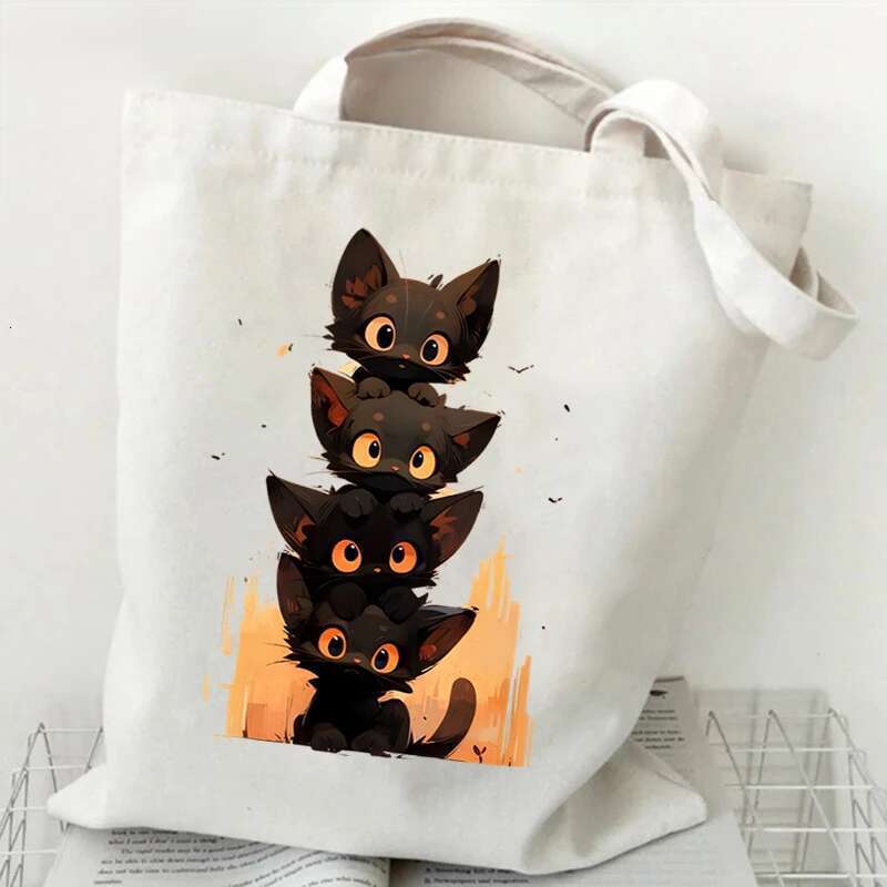 Canvas Tote Anime Black Cat Print Shopping Women Graphic Casual Fashion Teen Handbag Cartoon Kitten Side Bag for Ladies