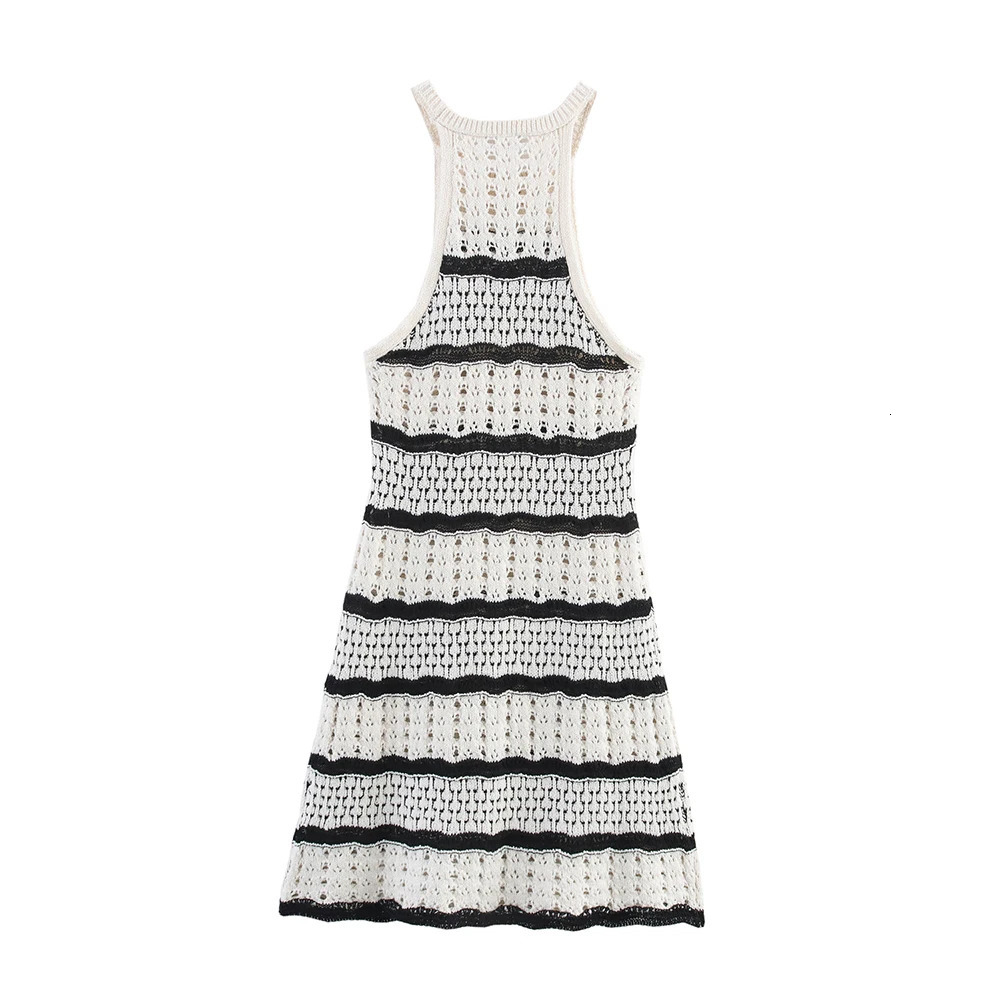 Classic Black White Contrast Color Sleeveless Striped Texture Hollow Out n Women Slim Mini Halter Dress ZATT Spring 250520