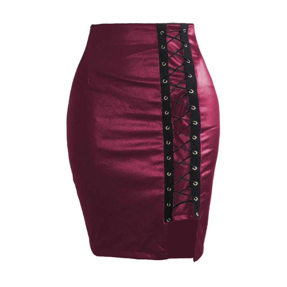 Sexy PU Imitation Leather Cross Bandage Split Mini Women High-Waist Slim Skirts Office Lady Bodycon Skirt Club Party