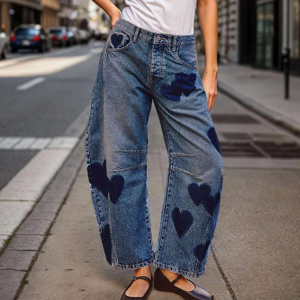 Woman clothes Barrel Jeans For Women Mid Rise Heart Printed Denim Ankle Vintage Baggy Womens Casual Dress Pants for Summer