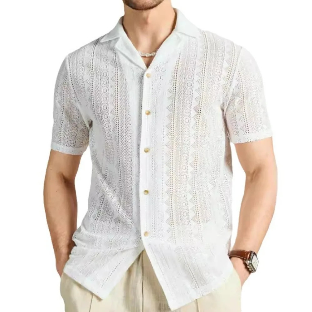 Mens Shortsleeved Shirt Lace Loosecut Knitted Casual TShirt Fashion Male Tops 250520