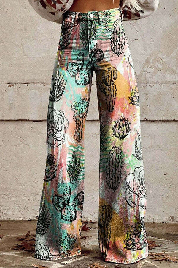 Women's High-Waisted Wide-Leg Printed Stretch Jeans - Casual Fashion with Flare