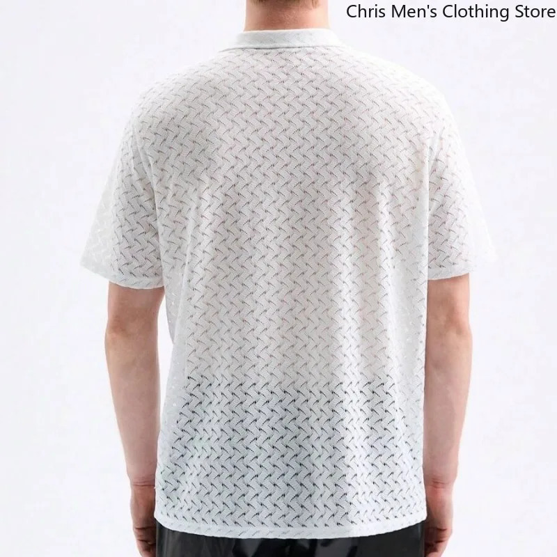 Summer Relaxed Casual Business Thin Breathable Mens Shirt ner Fashion Hollowout Perspective Men Tshirt 250520