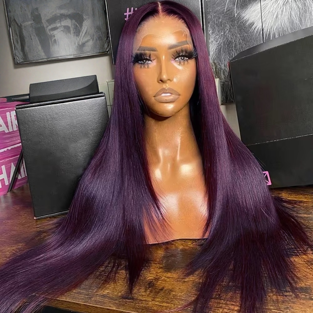 180 Density Brazilian Wig Simulation Human Hair Black Purple Colored 34 Inches Glueless Bone Straight 13x4 HD Transparent Straight Lace Front Wigs For