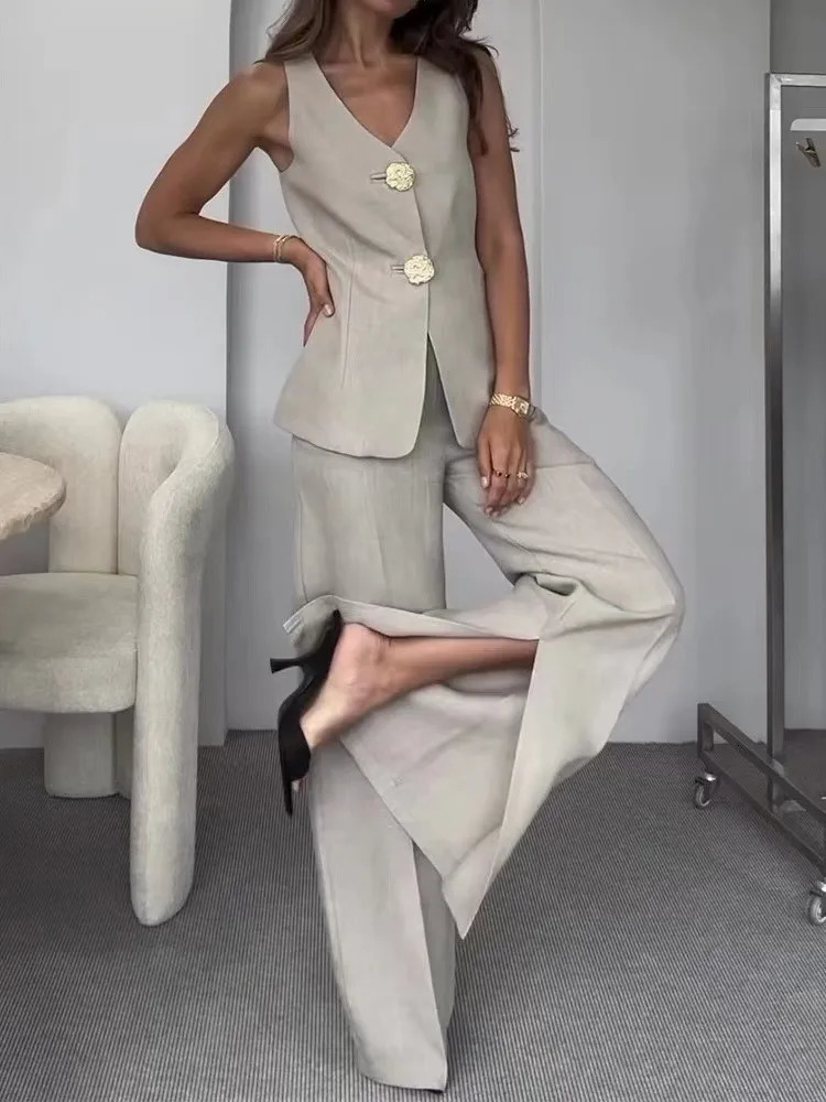2025 Summer Fashion Two Piece Sets Women Elegant Tank Top Solid V-neck Sleeveless Vest High Waisted Wide Leg Pants Suits 250516
