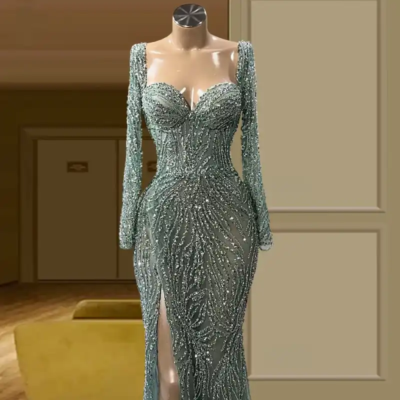 Luxury Crystals Prom Dresses Blue Full Sleeve With Sweetheart Lace Beaded Elegant Evening Gown Shiny Pageant Gown Plus Size Special Occasion Vestidos 