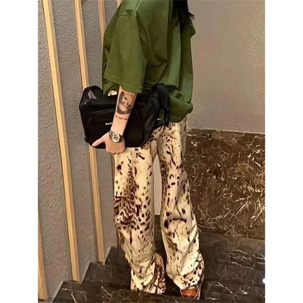 Leopard Print Straight Wide Leg Women Waisted Retro Jeans Streetwear Y2k Vintage Pants High Street Denim Trousers