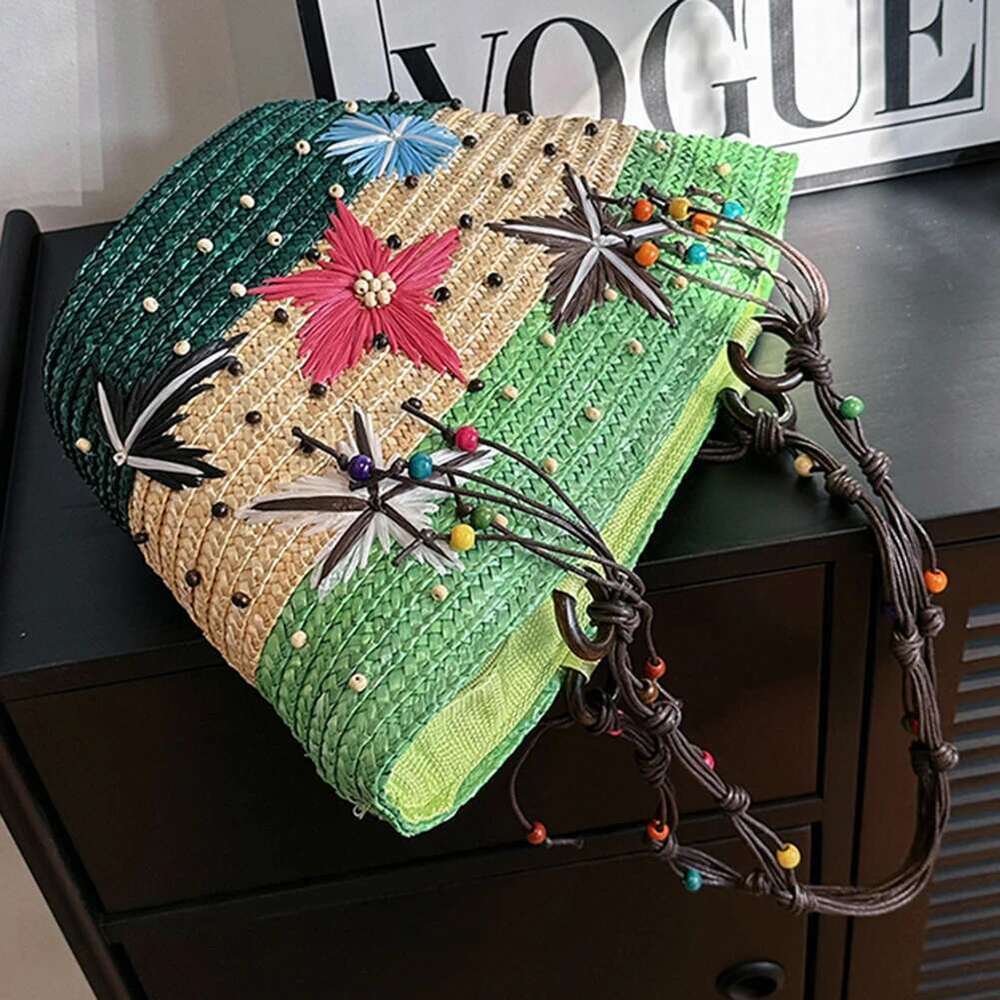 Women Summer Beach Bag Lady Large Straw Tote Colorful Hand-Embroidered Starfish Girl Hoilday Buckets Rattan Bohemian Handbag