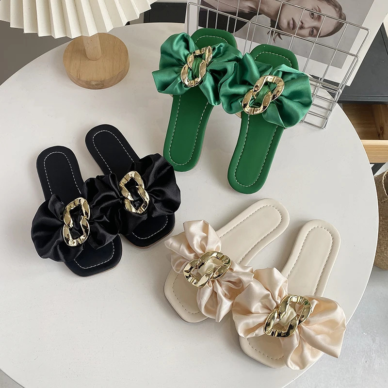 Girls Slippers Silk Bowtie Buckle Pure Color Beautiful Children Sliders Summer Square Toe Slipon Holiday Kids Shoes 2736 250515