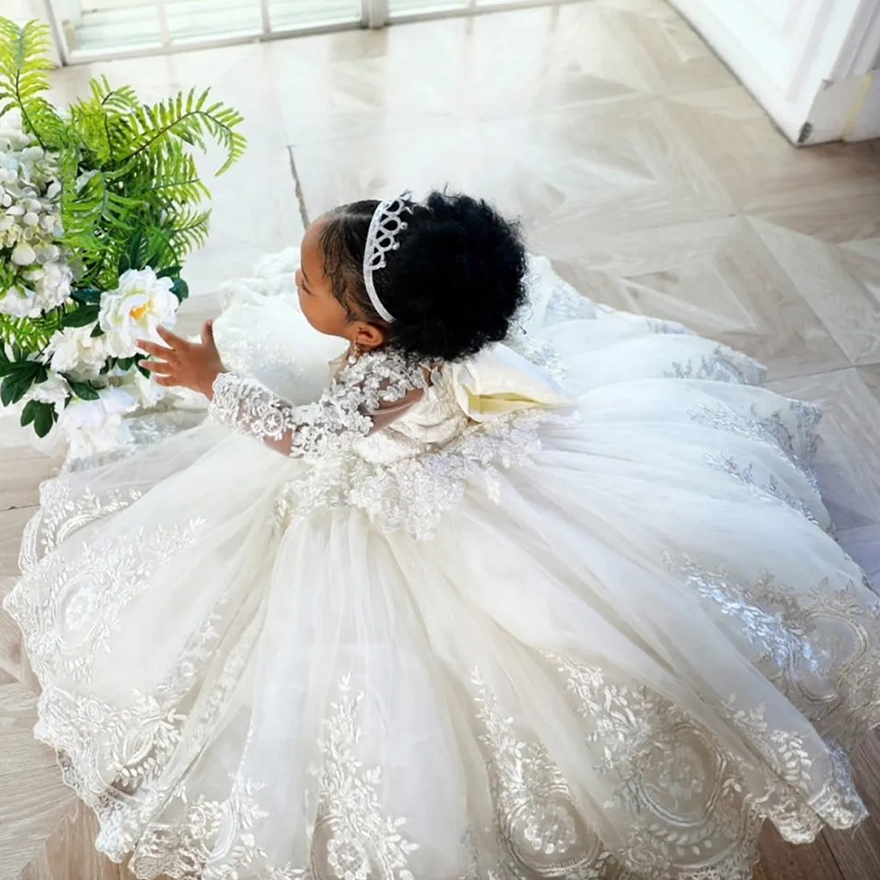 African White Ivory Flower Girl Dresses for Bride Jewel Long Sleeves Appliqued Beaded Lace Tiered Tulle Flowergirl Dresses Little Kids Birthday Party 