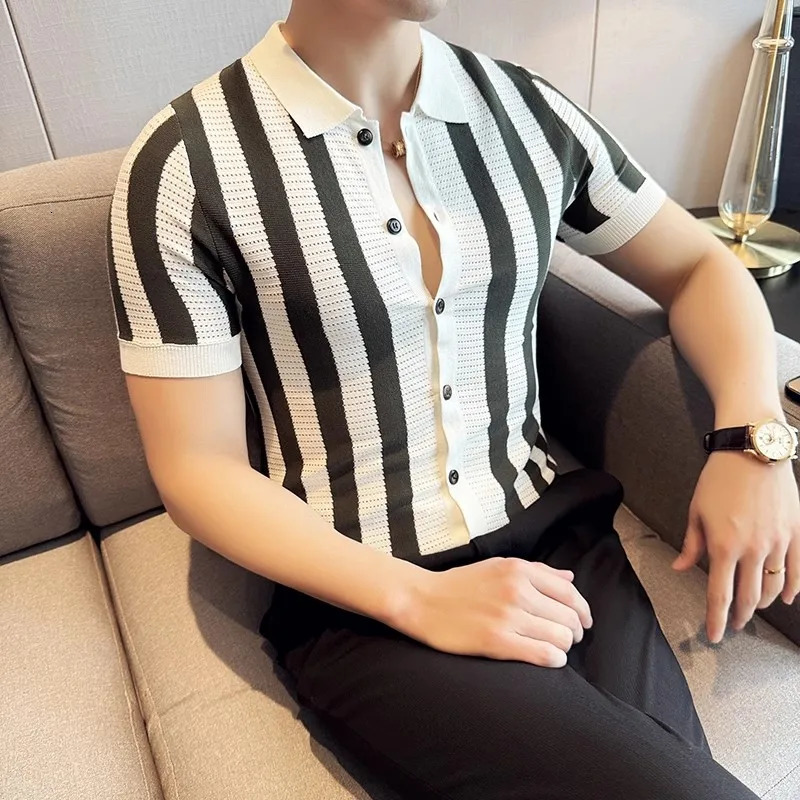 Summer Mens Striped Knit Shirts Lightweight Slim Fit Breathable Casual Shirt Men Turn Down Collar Short Sleeve Knitted Tops 250520