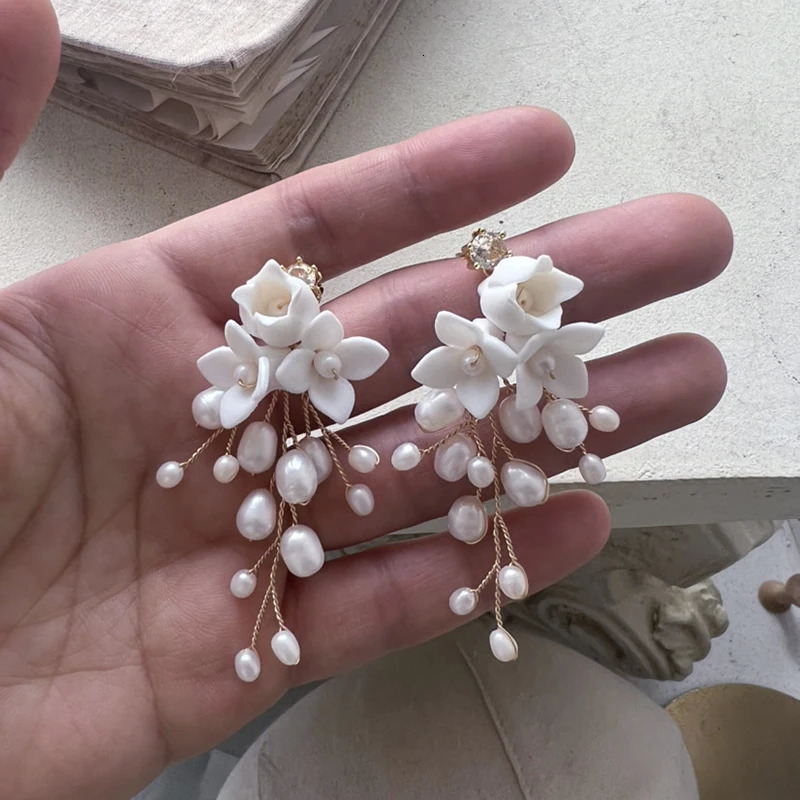 Freshwater Pearls Wedding Bridal Earrings White Porcelain Flower Women Drop Earring Handmade Jewelry 250517