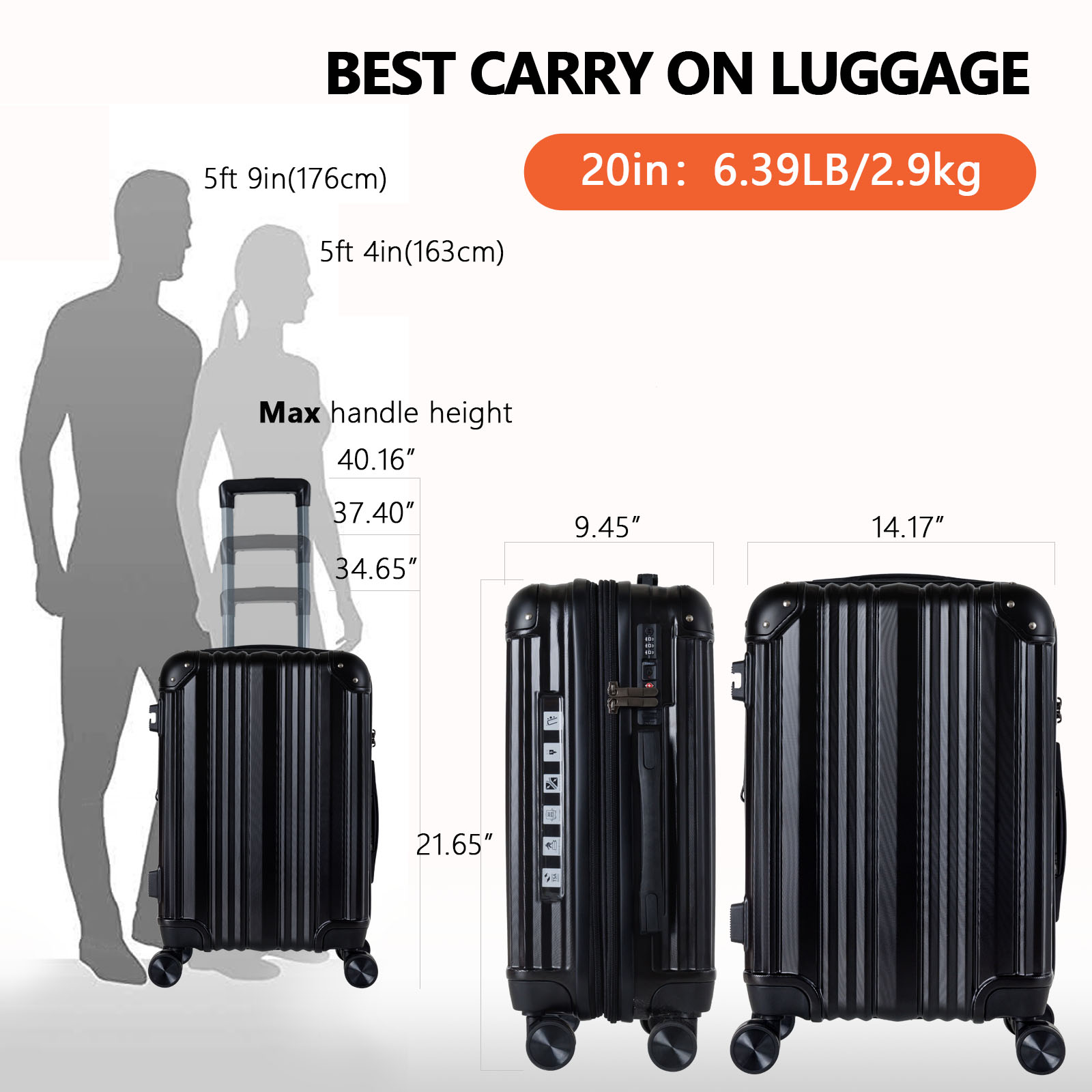 20" Expandable Carry-On Luggage Sets with USB-A Port TSA lock | Durable Corner Protection for Business Travel & Family Vacations (Black)